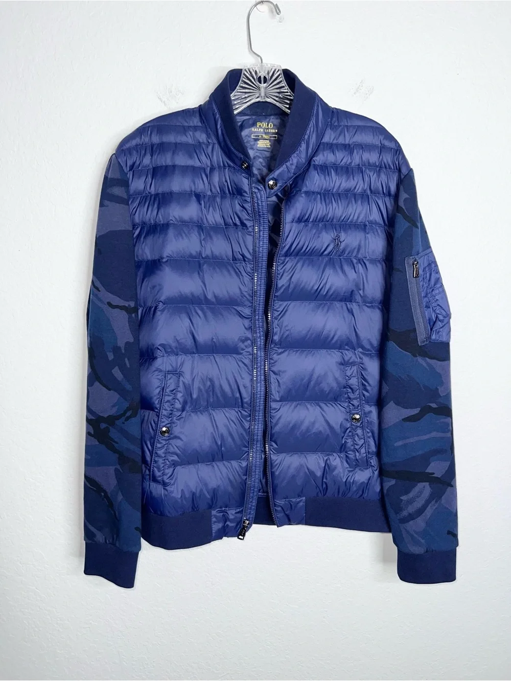 Polo Ralph Lauren Camo Puffer Jacket Men Medium Navy Blue Full Zip H
